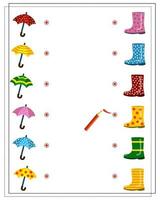 un jeu de logique pour les enfants, trouvez une paire pour un parapluie et une botte avec le même motif vecteur