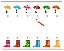 un jeu de logique pour les enfants, trouvez une paire pour un parapluie et une botte avec le même motif vecteur