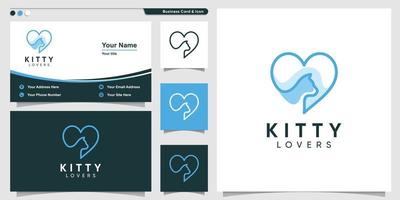 logo de chat avec style d'art en ligne d'élément d'amour et conception de carte de visite vecteur premium