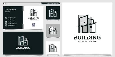 bâtiment logo avec style d'art en ligne unique et conception de carte de visite vecteur premium