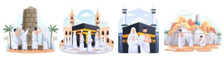 ensemble de couple musulman fait le pèlerinage islamique du hajj. illustration vectorielle de style plat vecteur