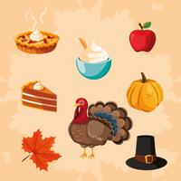 dinde du jour de thanksgiving avec icônes définies vecteur