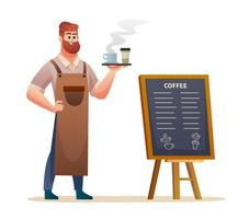 barista debout près du tableau de menu tout en portant du café avec illustration de plateau