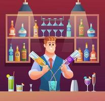 barman mélangeant des boissons au comptoir illustration de dessin animé vecteur