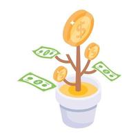 plante en pot avec pile de dollars, icône de plante d'argent dans un style isométrique vecteur
