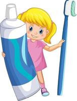 une petite fille tenant du dentifrice et une brosse à dents sur fond blanc vecteur