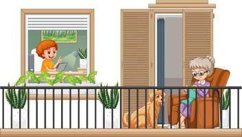 scène de balcon avec des personnages de dessins animés vecteur