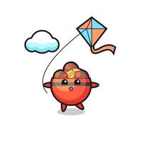 illustration de mascotte de bol de boulettes de viande joue au cerf-volant vecteur