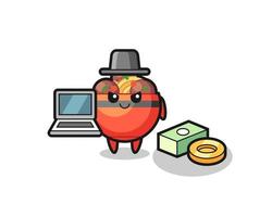 mascotte illustration d'un bol de boulettes de viande en tant que hacker vecteur