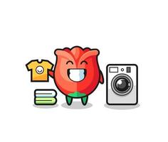 caricature de mascotte de rose avec machine à laver vecteur