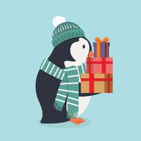 Pingouin mignon portant un chapeau vert et une écharpe avec un cadeau vecteur