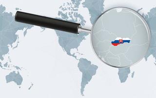 carte agrandie de la slovaquie sur la carte du monde centrée sur l'amérique. carte agrandie et drapeau de la slovaquie. vecteur
