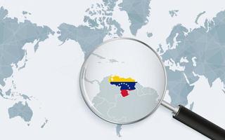 carte agrandie du venezuela sur la carte du monde centrée sur l'amérique. carte agrandie et drapeau du venezuela.