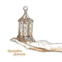 main élégante tenant une lampe arabe croquis carte de ramadan kareem vecteur