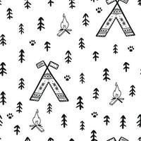 Joli motif tribal sans couture avec arbres abstraits, tipi et feu de camp. bon pour le papier peint de pépinière, les impressions textiles, le scrapbooking, la papeterie, le papier d'emballage, etc. eps 10