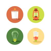 Ensemble d&#39;icônes sources de lumière avec bougie, lampe, ampoule à incandescence et ampoule CFL vecteur