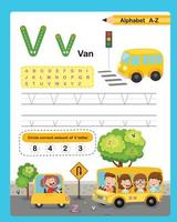 lettre de l'alphabet v - exercice de van avec illustration de vocabulaire de dessin animé, vecteur