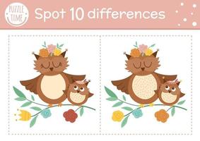 la fête des mères trouve le jeu des différences pour les enfants. activité éducative de vacances avec bébé hibou drôle et sa mère. feuille de calcul imprimable avec des personnages mignons. puzzle de printemps pour les enfants. vecteur