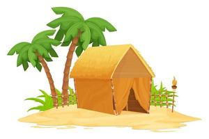 bungalow de plage, cabane tiki avec toit de paille, détails en bambou et bois sur sable en style dessin animé isolé sur fond blanc. bâtiment fantastique avec palmiers, torche. notion de voyage. illustration vectorielle
