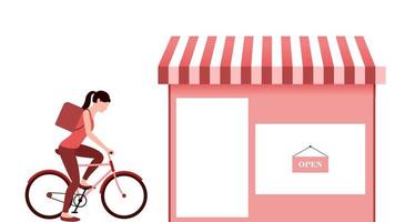 femme à vélo au magasin de ramassage. illustration vectorielle de livraison entreprise sur fond blanc. vecteur