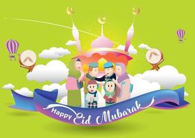 illustration vectorielle eid mubarak avec caractère familial. illustration vectorielle pour carte de voeux, affiche et bannière. avec un style design amusant vecteur