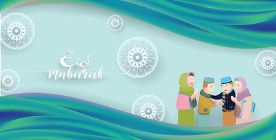 illustration vectorielle eid mubarak avec caractère familial. illustration vectorielle pour carte de voeux, affiche et bannière. avec un style design amusant vecteur