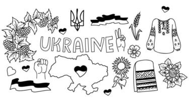 définir le symbole ukrainien. viburnum et drapeau, tournesol et épillet, chemise et serviette brodée, coeur et carte. illustration vectorielle. doodle linéaire dessiné à la main pour la conception et la décoration du thème ukrainien vecteur