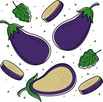 illustration vectorielle d'un ensemble d'aubergines. éléments de conception pour les menus, les publicités et les couvertures, les enfants sont des livres, des illustrations de nourriture et de nourriture.vecteur de légumes, feuilles de plantes de jardin. vecteur