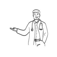 demi-longueur de médecin de sexe masculin montrant et présentant quelque chose avec la main illustration vecteur dessiné à la main isolé sur fond blanc dessin au trait.