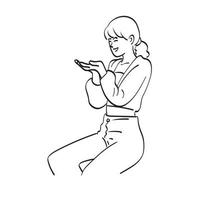 dessin au trait femme assise tenant un espace vide pour la publicité illustration vecteur dessiné à la main isolé sur fond blanc