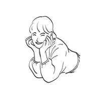 dessin au trait gros plan femme avec sourire soutenir le menton illustration vecteur dessiné à la main isolé sur fond blanc