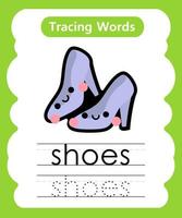 feuilles de calcul de mots de traçage anglais avec des chaussures de vocabulaire vecteur