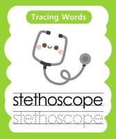 feuilles de calcul de mots de traçage anglais avec stéthoscope de vocabulaire vecteur