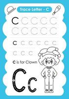 alphabet trace lettre a à z feuille de calcul préscolaire avec la lettre c clown vecteur