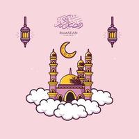 illustration de ramadan kareem avec dessin animé mosquée et lanterne vecteur