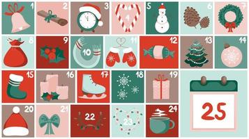 calendrier de l'avent de noël pour 25 jours de décembre. affiche de vecteur de Noël.