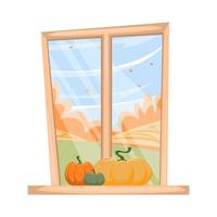 fenêtres avec paysage d'automne et citrouilles. concept de jour d'action de grâces, halloween. illustration vectorielle dans un style plat. vecteur