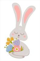 lapin tenant un bouquet de fleurs. illustration vectorielle avec lapin souriant mignon. vecteur