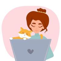 jolie fille et chat avec ordinateur portable. adorables animaux de compagnie. travail à domicile. free-lance. illustration vectorielle. vecteur