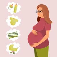 femme enceinte shopping. choses pour un nouveau-né. illustration vectorielle. vecteur