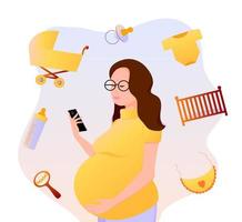 une femme enceinte tient un téléphone dans ses mains et fait des achats en ligne pour un nouveau-né. la future maman fait ses courses en ligne. illustration vectorielle. vecteur