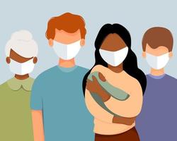 illustration vectorielle de famille dans les masques. concept de santé, propagation du vaccin, soins de santé, appel à la lutte contre le coronavirus. vecteur