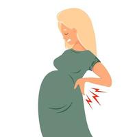 femme enceinte souffrant de maux de dos. mal de dos pendant la grossesse. concept de douleur au bas du dos. illustration de dessin animé de vecteur dans un style plat..