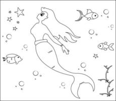 page de coloriage de sirène 1, jolie sirène avec des poissons rouges, herbe verte, bulles d'eau sur fond, page de coloriage vectorielle en noir et blanc. vecteur