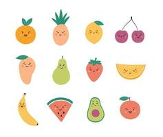 drôles de fruits et de baies. définir des personnages de fruits kawaii. vecteur dessiné à la main