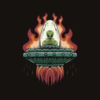 illustration d'une tête extraterrestre et d'un ovni avec le feu pour la conception et l'impression de t-shirts vecteur