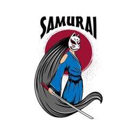 femmes samouraïs avec logo masque de renard avec lettrage samouraï sur fond blanc vecteur