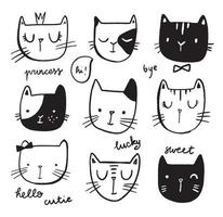 visages de chat dessinés à la main sertis de mots. têtes d'animaux vecteur doodle mignon.