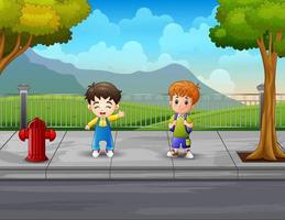 illustration deux garçons sur le trottoir vecteur