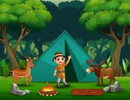 fond de camping avec un garçon safari et des cerfs vecteur